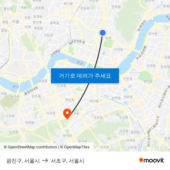 광진구, 서울시 to 서초구, 서울시 map