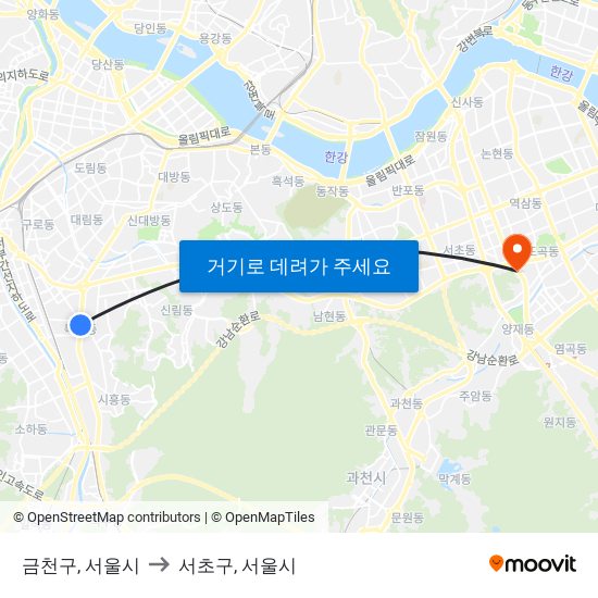 금천구, 서울시 to 서초구, 서울시 map