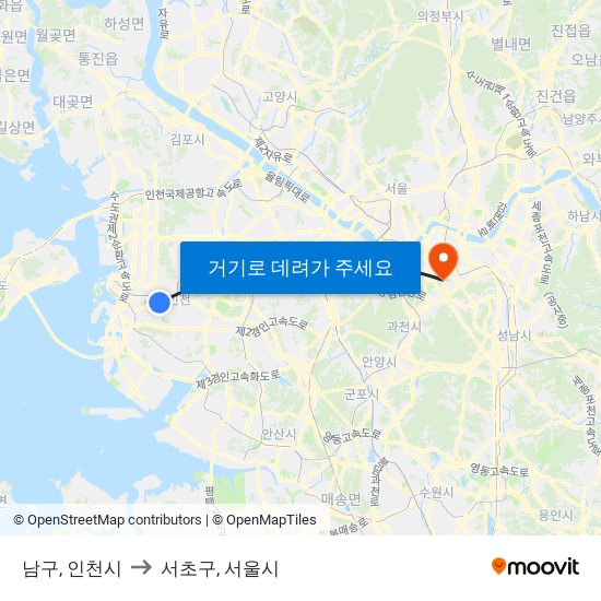남구, 인천시 to 서초구, 서울시 map