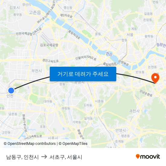 남동구, 인천시 to 서초구, 서울시 map