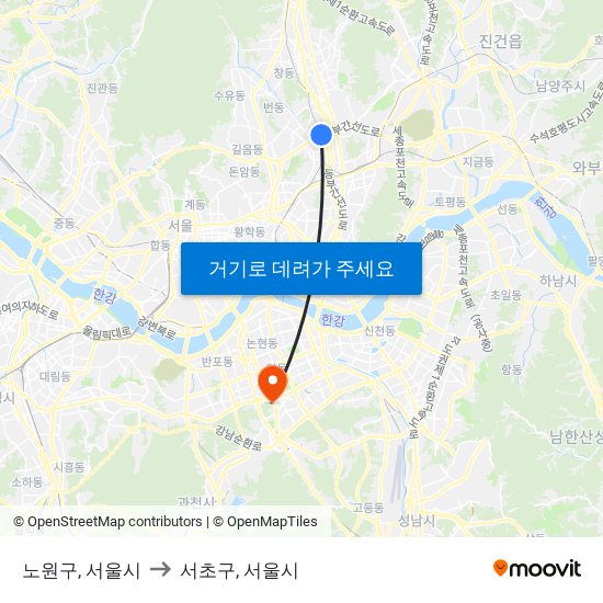 노원구, 서울시 to 서초구, 서울시 map