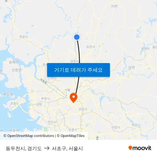 동두천시, 경기도 to 서초구, 서울시 map