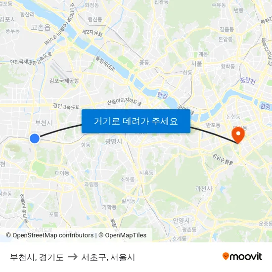 부천시, 경기도 to 서초구, 서울시 map