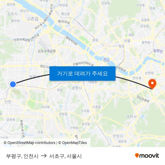 부평구, 인천시 to 서초구, 서울시 map