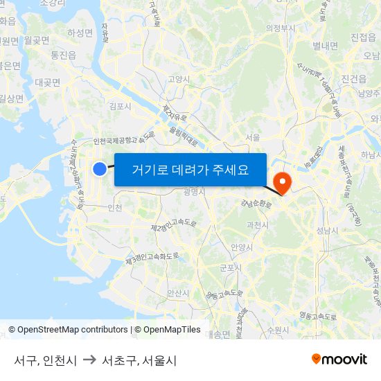 서구, 인천시 to 서초구, 서울시 map