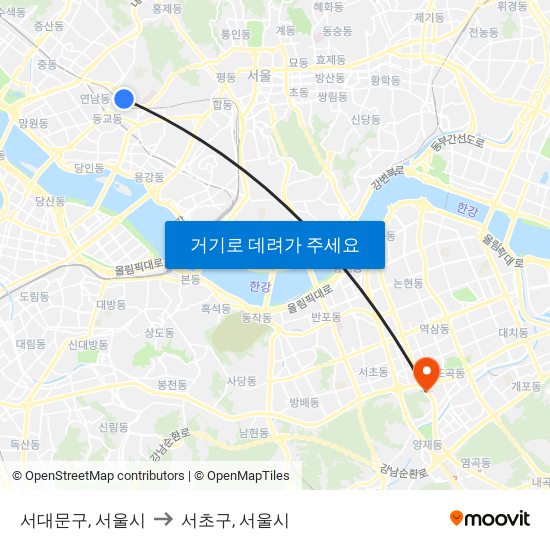 서대문구, 서울시 to 서초구, 서울시 map
