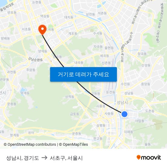 성남시, 경기도 to 서초구, 서울시 map