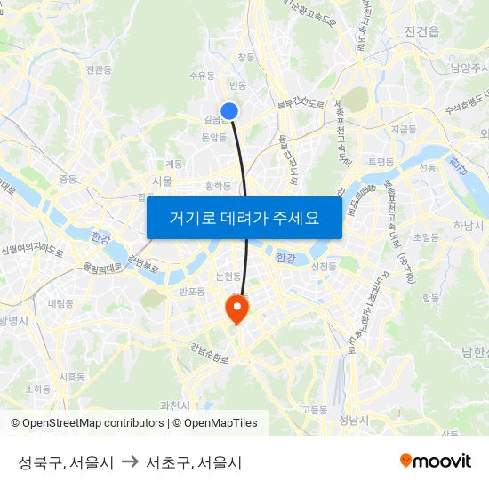 성북구, 서울시 to 서초구, 서울시 map