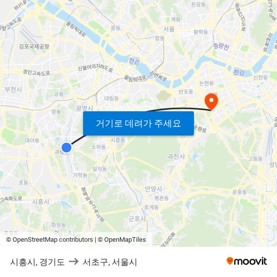 시흥시, 경기도 to 서초구, 서울시 map