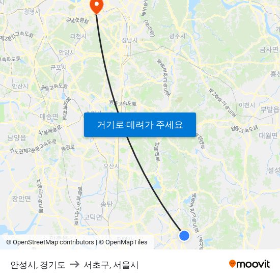 안성시, 경기도 to 서초구, 서울시 map
