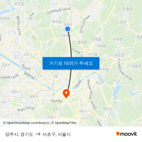 양주시, 경기도 to 서초구, 서울시 map