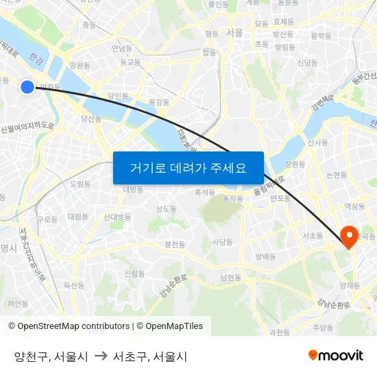 양천구, 서울시 to 서초구, 서울시 map