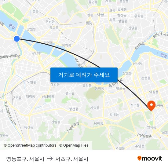 영등포구, 서울시 to 서초구, 서울시 map