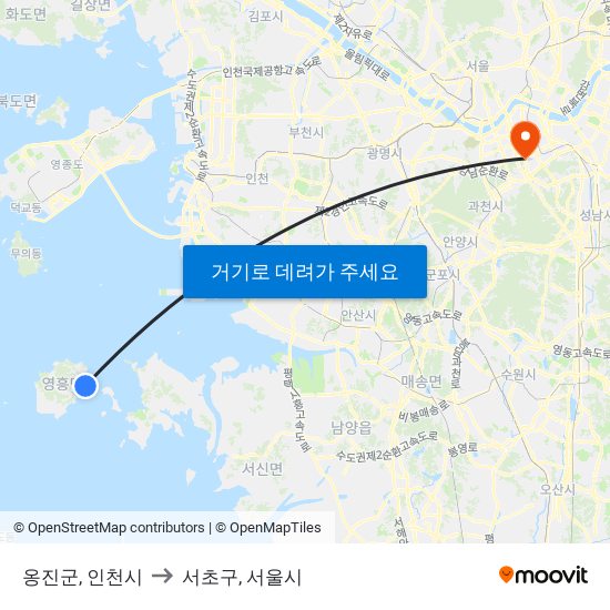 옹진군, 인천시 to 서초구, 서울시 map