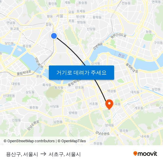용산구, 서울시 to 서초구, 서울시 map