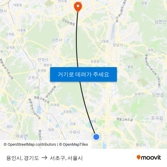 용인시, 경기도 to 서초구, 서울시 map