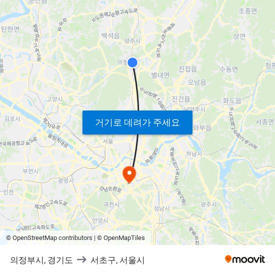 의정부시, 경기도 to 서초구, 서울시 map