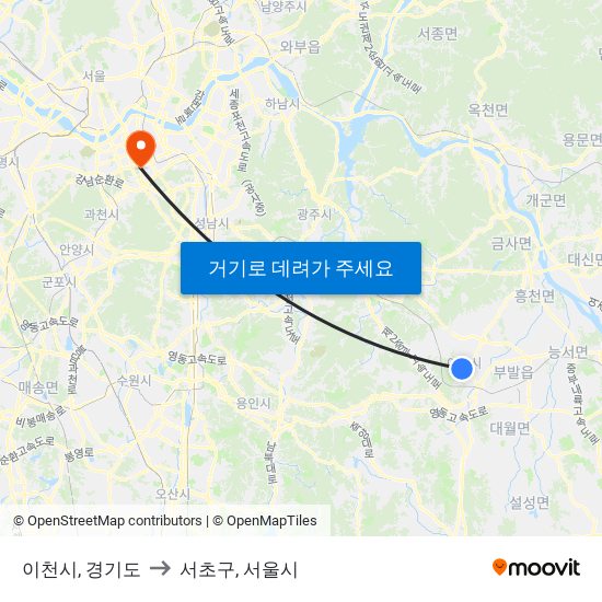 이천시, 경기도 to 서초구, 서울시 map