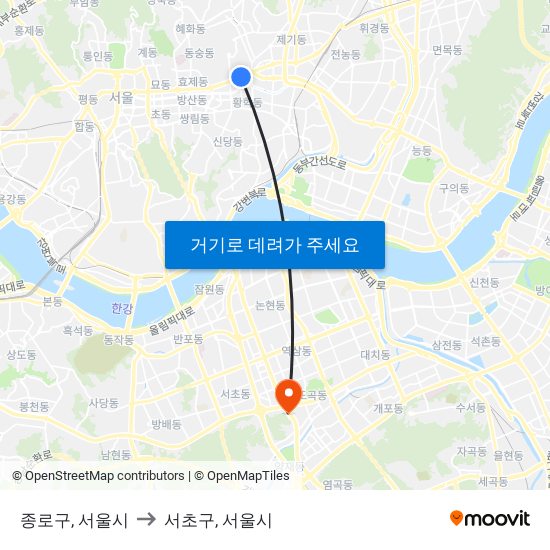 종로구, 서울시 to 서초구, 서울시 map