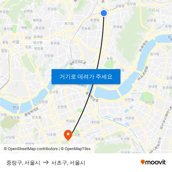 중랑구, 서울시 to 서초구, 서울시 map