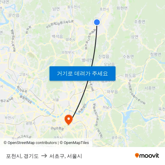포천시, 경기도 to 서초구, 서울시 map