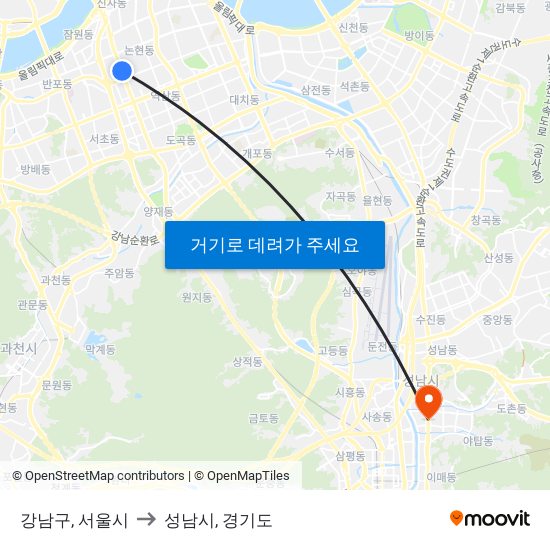 강남구, 서울시 to 성남시, 경기도 map