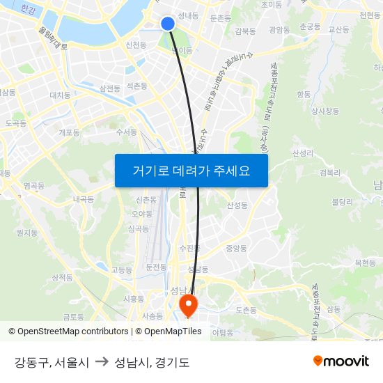 강동구, 서울시 to 성남시, 경기도 map