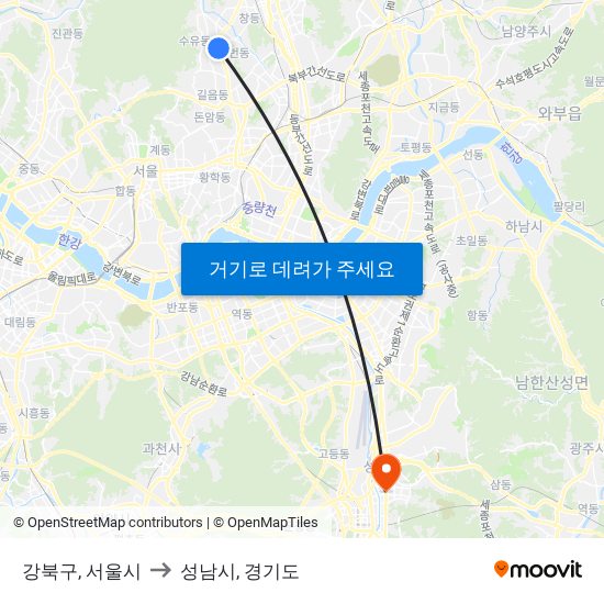강북구, 서울시 to 성남시, 경기도 map