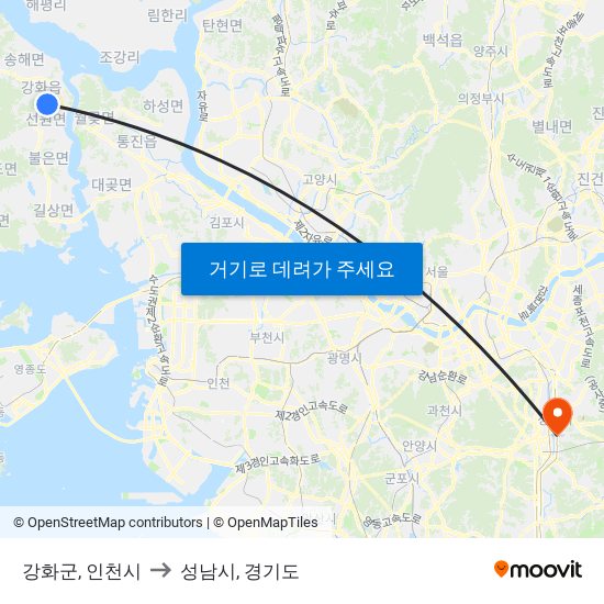강화군, 인천시 to 성남시, 경기도 map