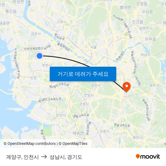 계양구, 인천시 to 성남시, 경기도 map