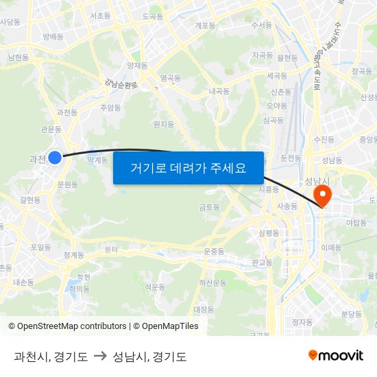 과천시, 경기도 to 성남시, 경기도 map