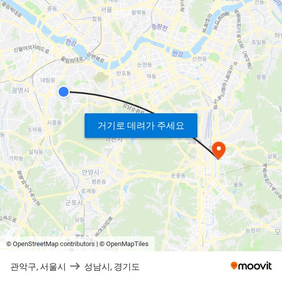 관악구, 서울시 to 성남시, 경기도 map