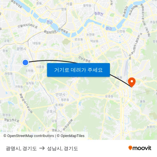 광명시, 경기도 to 성남시, 경기도 map