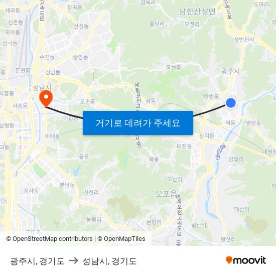 광주시, 경기도 to 성남시, 경기도 map