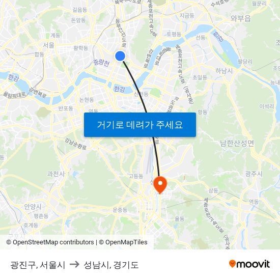 광진구, 서울시 to 성남시, 경기도 map