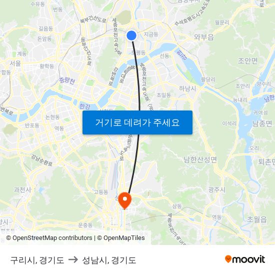 구리시, 경기도 to 성남시, 경기도 map