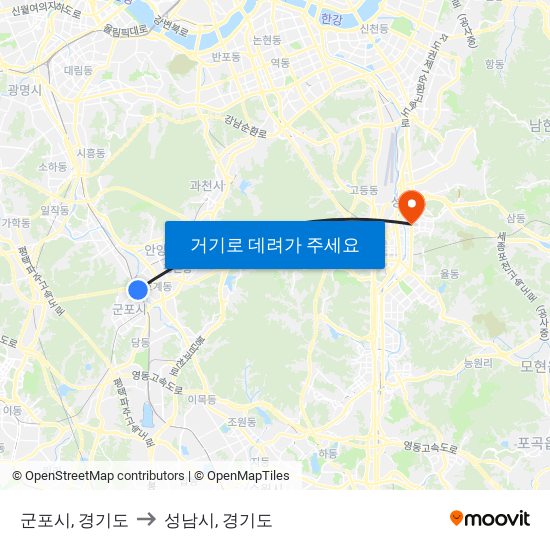 군포시, 경기도 to 성남시, 경기도 map