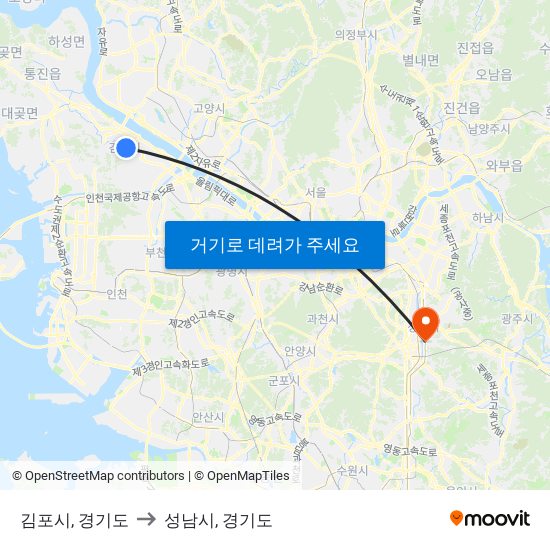김포시, 경기도 to 성남시, 경기도 map