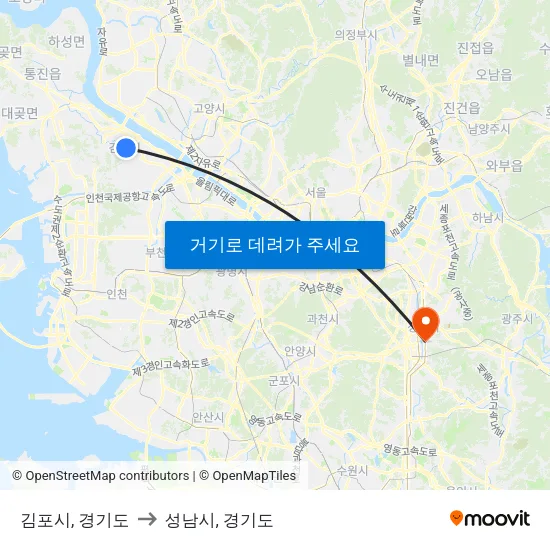 김포시, 경기도 to 성남시, 경기도 map
