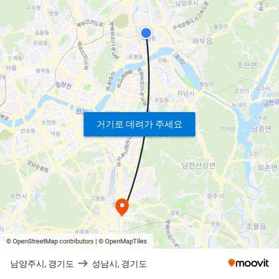 남양주시, 경기도 to 성남시, 경기도 map