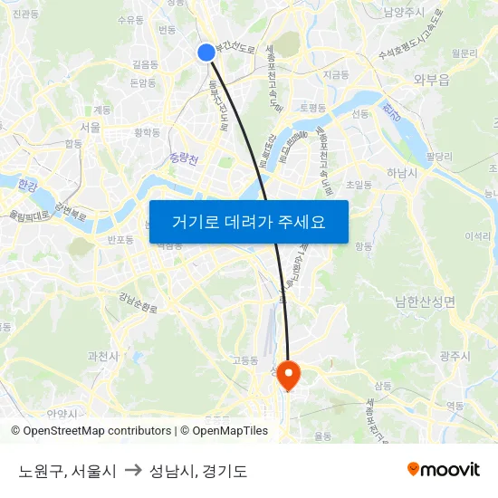 노원구, 서울시 to 성남시, 경기도 map