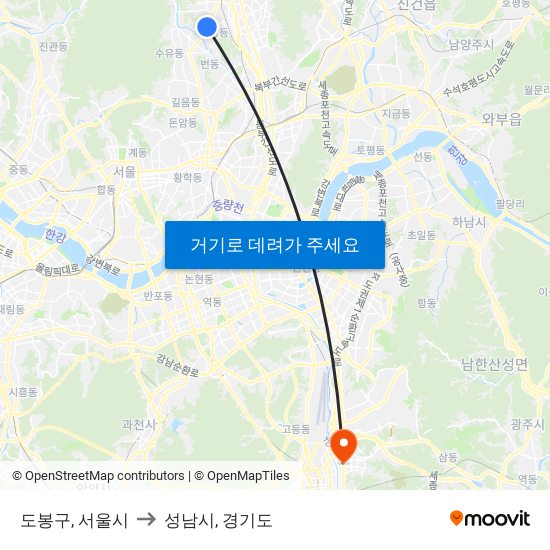 도봉구, 서울시 to 성남시, 경기도 map