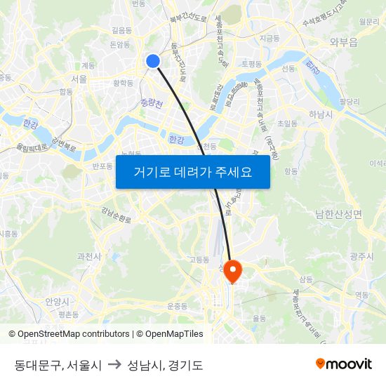 동대문구, 서울시 to 성남시, 경기도 map