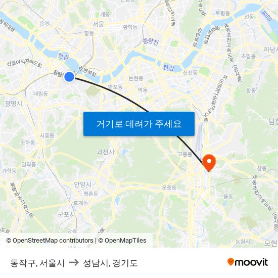 동작구, 서울시 to 성남시, 경기도 map