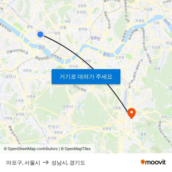 마포구, 서울시 to 성남시, 경기도 map