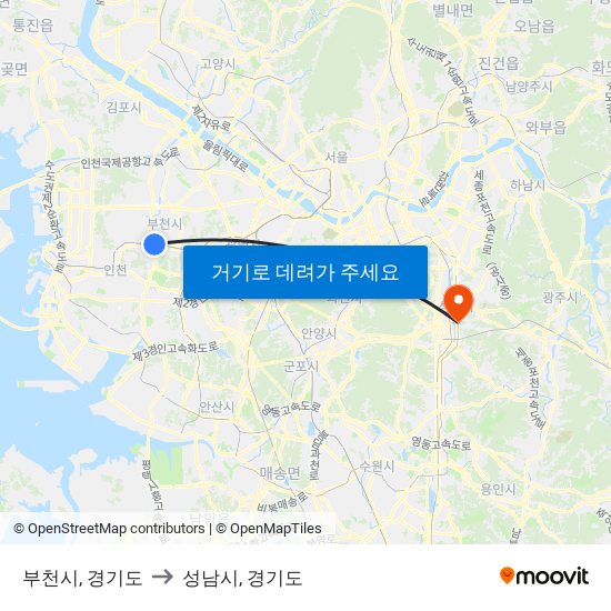 부천시, 경기도 to 성남시, 경기도 map