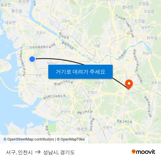 서구, 인천시 to 성남시, 경기도 map