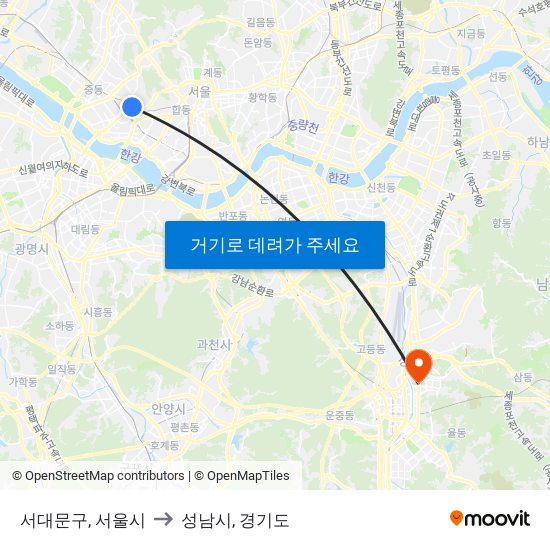 서대문구, 서울시 to 성남시, 경기도 map