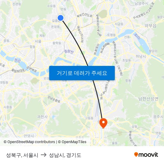 성북구, 서울시 to 성남시, 경기도 map