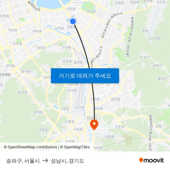 송파구, 서울시 to 성남시, 경기도 map